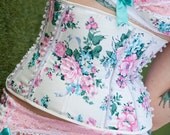 Pink & Blue Flowers Steel Boned Underbust Corset - Pick Your Size -  Handmade Vegan Bridal Vintage