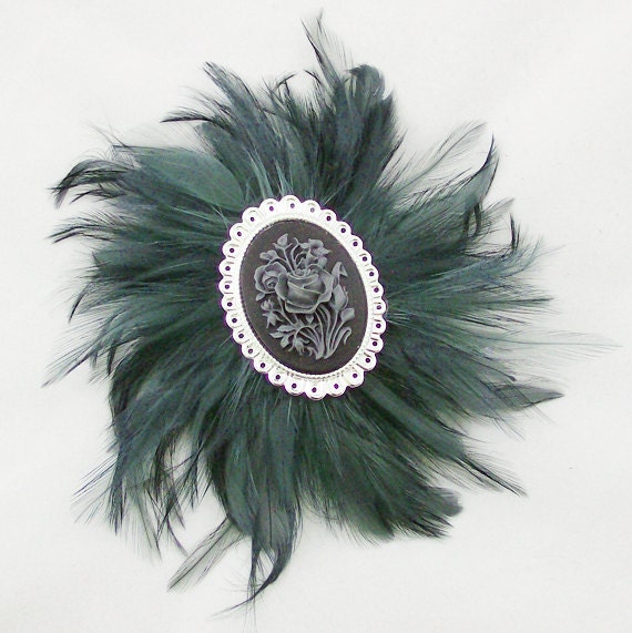 Grey Feather Fascinator Rose Cameo Hair Clip