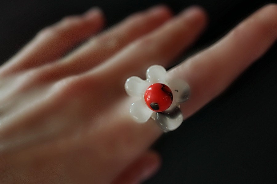 Fused Glass Ring - Flower Power Red