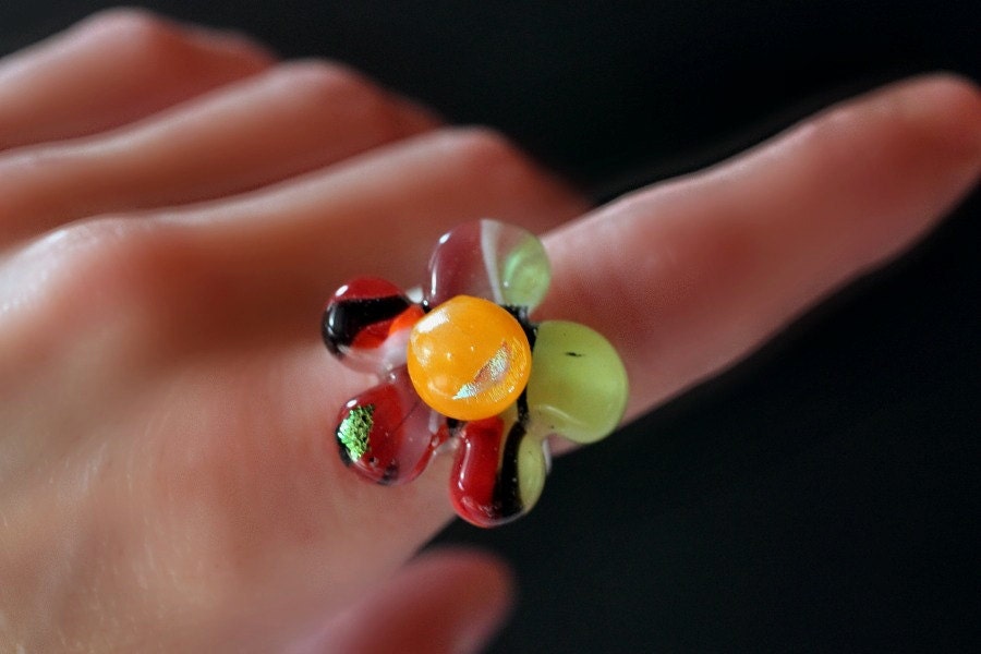 Fused Glass Ring - Flower Power Snazzy Red