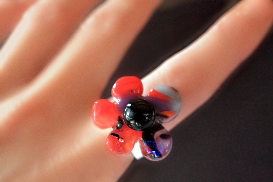Fused Glass Ring - Flower Power Black and Red