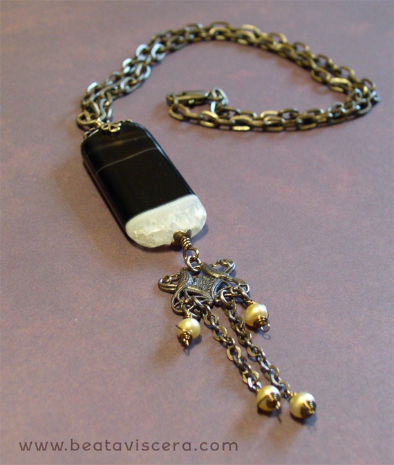 Black and White Agate Antique Brass Necklace Lovebird Vintaj Handmade Brass Jewelry Oxidized Brass Chain Agate Natural Stone Pendant