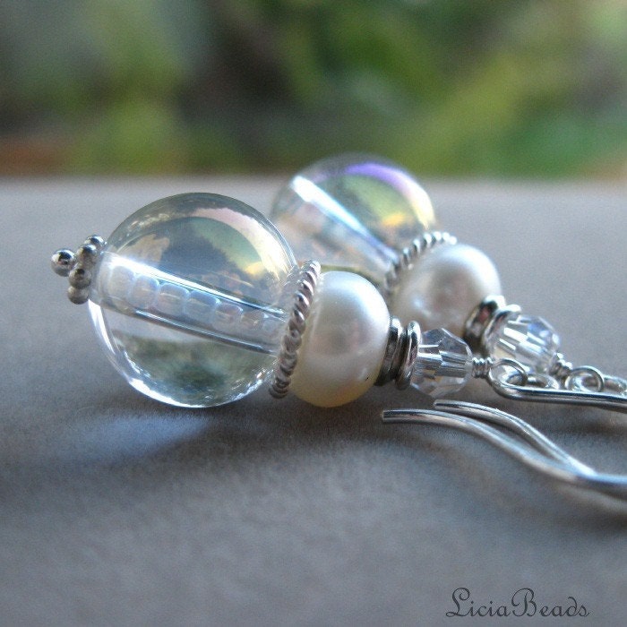 Ice and Cream - Quartz, freshwater pearl and sterling silver earrings