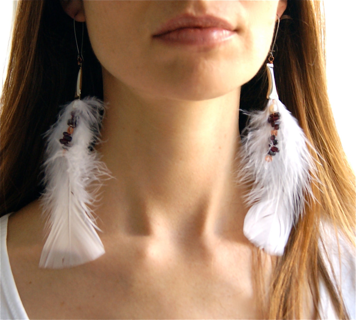 Biwa Pearl and Garnet White Feather Earrings