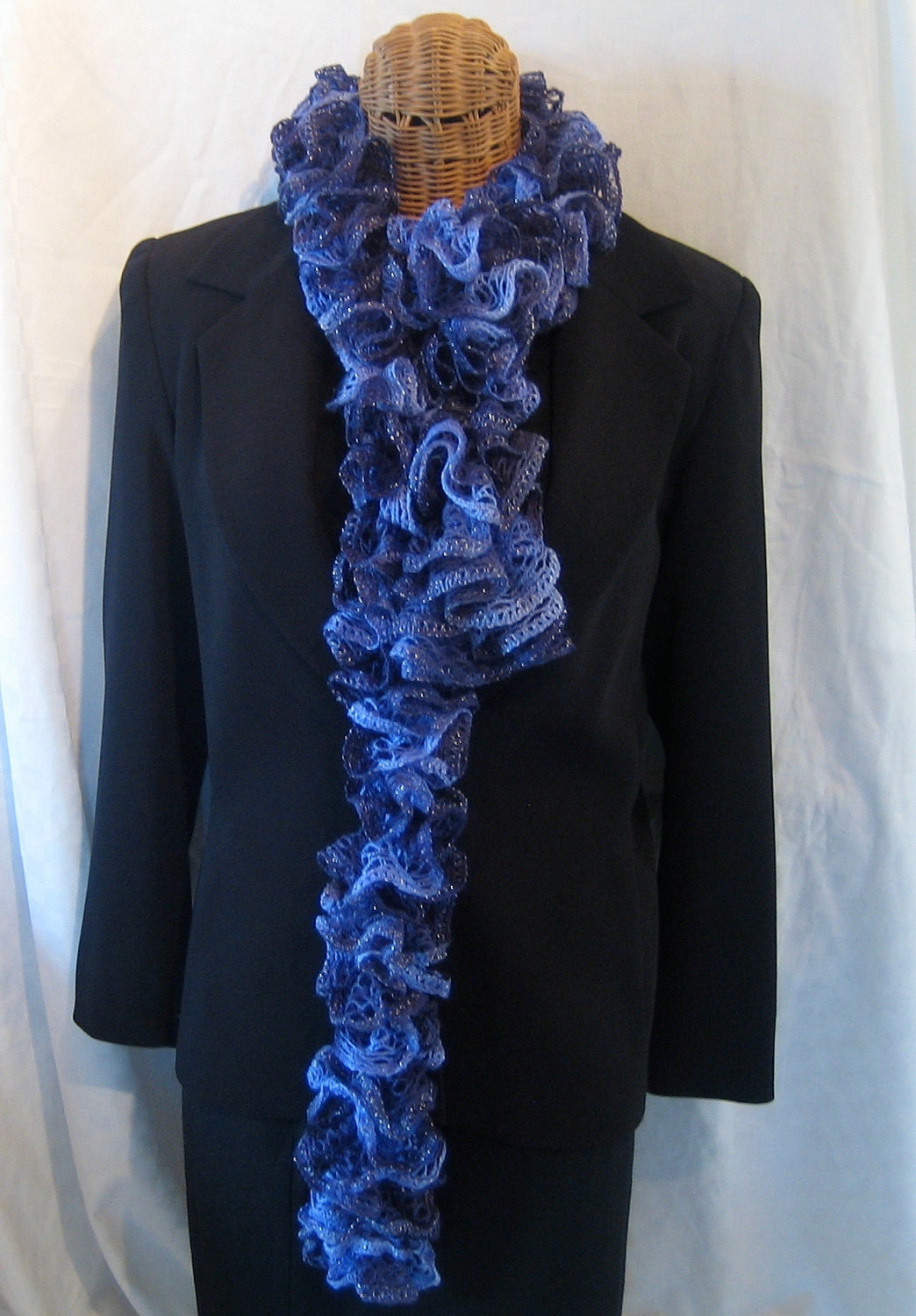 Hand Knit Women's frilly ruffle variegated blues with silver metallic filigree thread scarf neck warmer fashion scarf  sashay