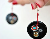 Black circular polymer clay earrings with red designs of millefiori technique- free shipping