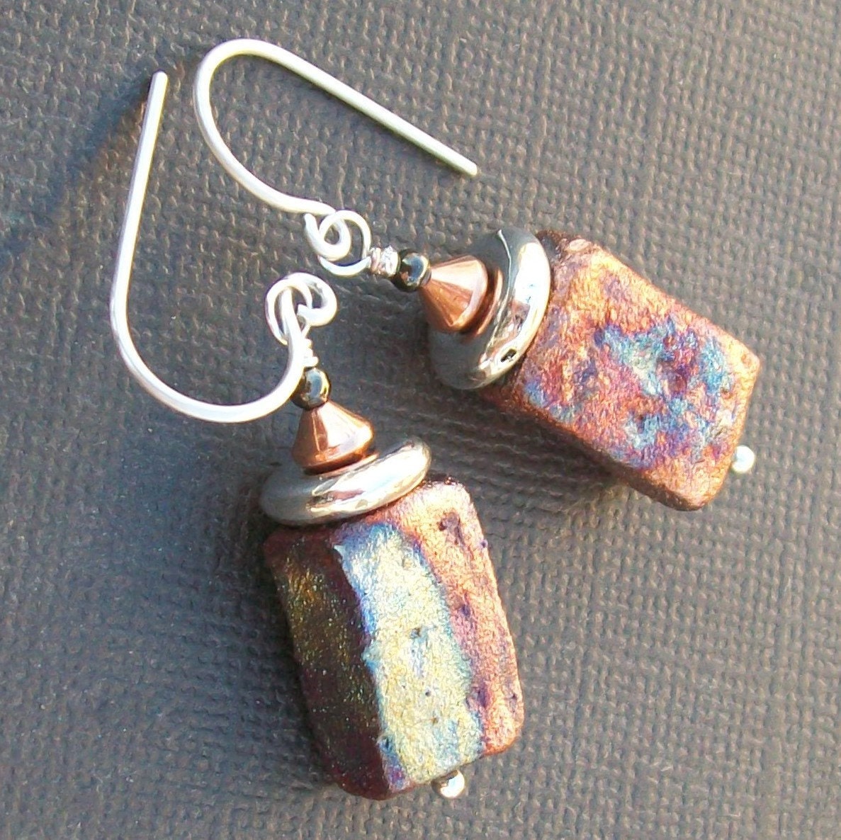 raku clay earrings copper  teal purple patina organic block- from the fire