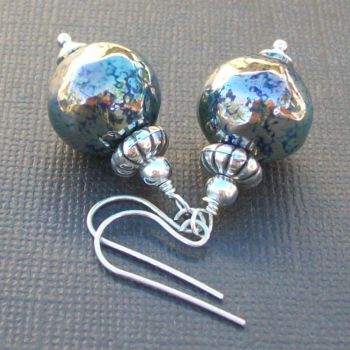 lampwork glass earrings mottled blue silver metallic organic ball beads-  dapple blue