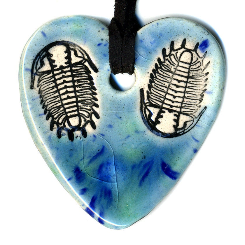 Trilobite Ceramic Heart Necklace in Blue Crackle