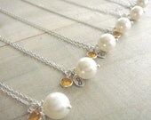 Bridesmaid Gift - 6 Cream or White Pearl Hand Stamped INITIAL and BIRTHSTONE Necklaces in Sterling Silver - choose pearl color - 10% off