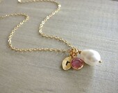 White Teardrop Pearl Necklace on Gold - choose your BIRTHSTONE and personalized LETTER - Bride, Bridal party, Bridesmaid, Wedding