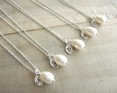 Bridesmaid Gift - 5 Cream or White Pearl Hand Stamped INITIAL Necklaces in Sterling Silver - choose pearl color - 10% off