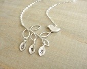 Family Tree Necklace - Momma Birdie on a Silver Branch with 3 Hand Stamped Leaves - Personalized - Mom, Mum, Mother's Day
