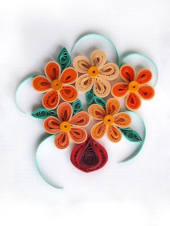 Handmade Thank You card quilling bunch of flowers tangerine orange vibrant unique daisy for her