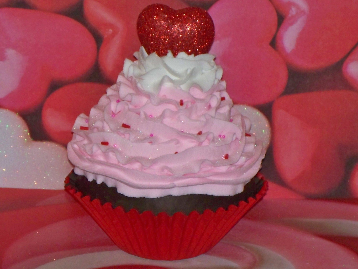 One Jumbo Fake Valentine Chocolate Cupcake with Pink Frosting, Red Heart on Top, great for Photography Prop, Party Decor, Centerpiece