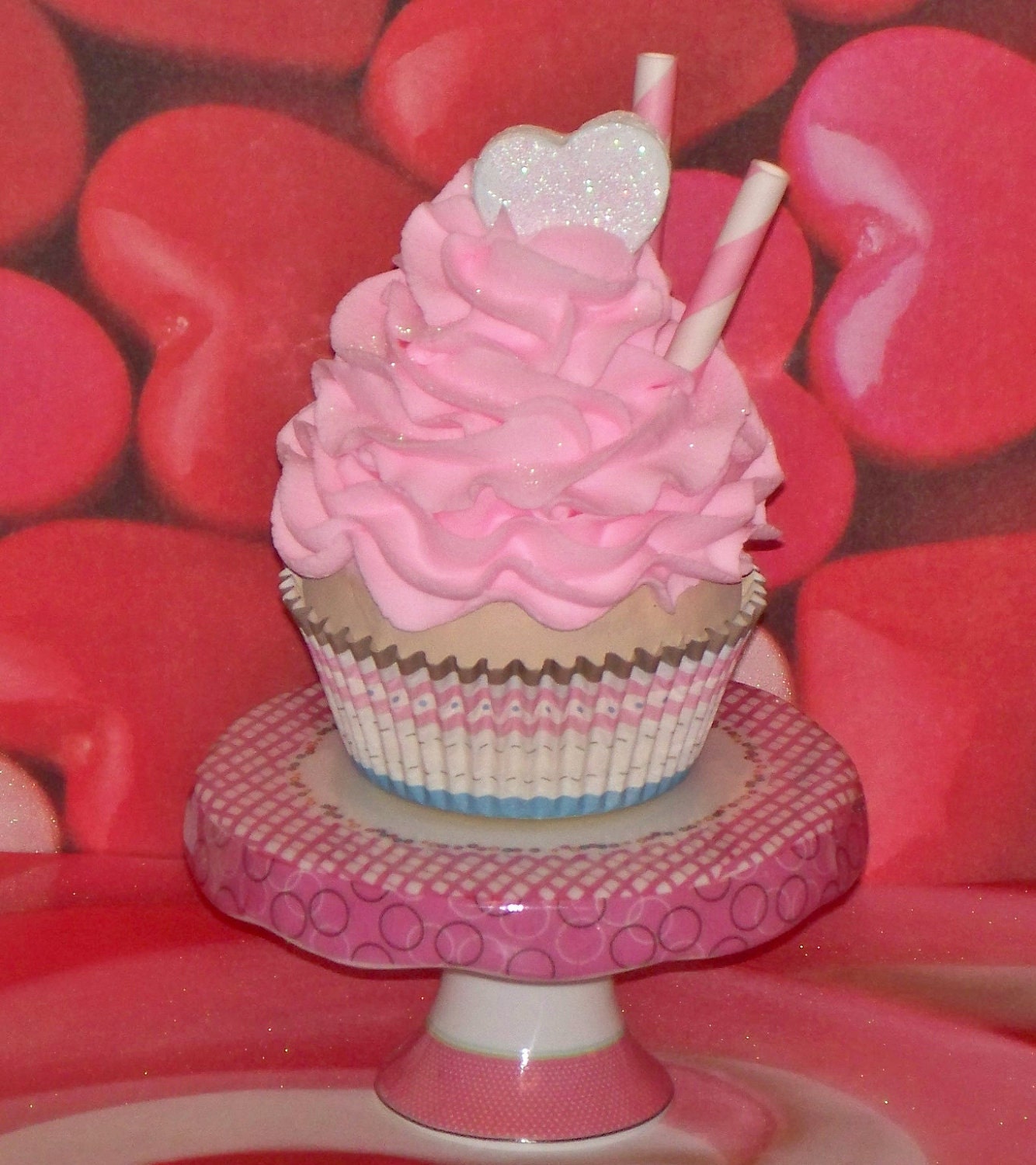Fake Creme Brulee Cupcake Bubblegum Pink Frosting, Heart Cookie, Pink Strip Straws, Mothers Day Gifts, Home Decor