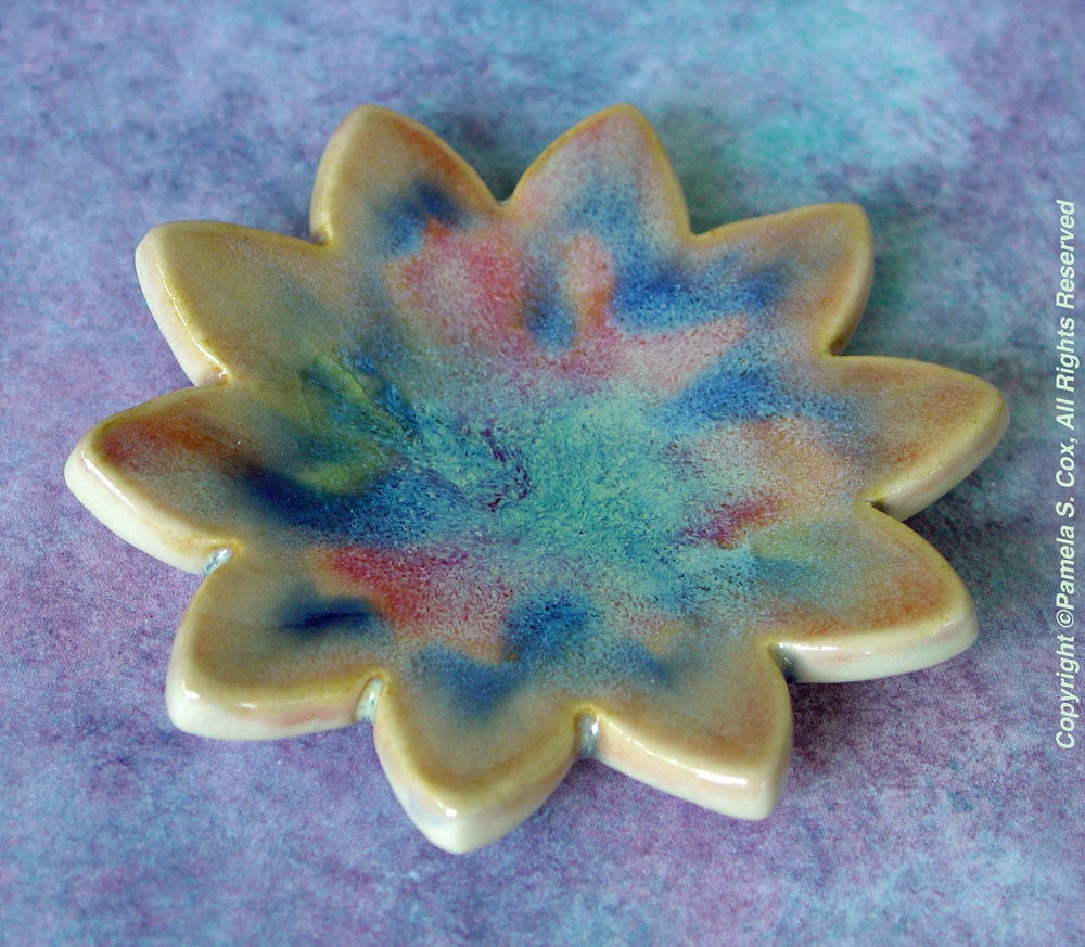 Flower Trinket Dish Colorful Stoneware Pottery