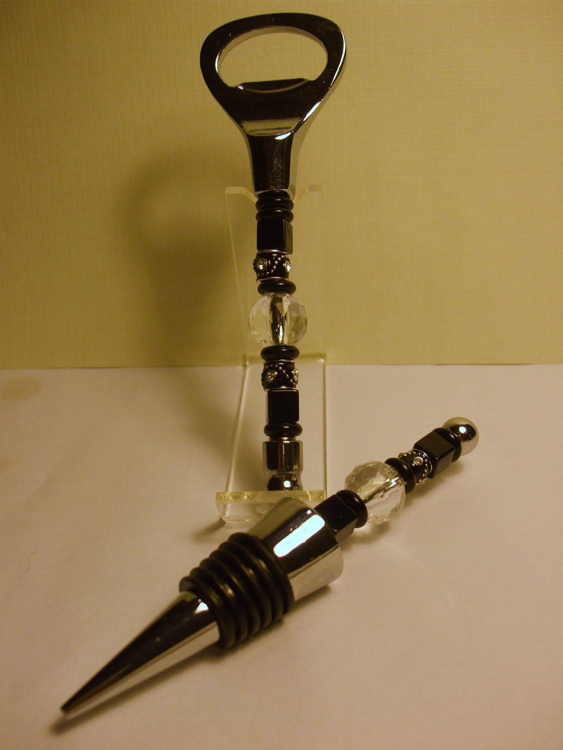 BLACK SPARKLE fun BEADED Bar Set - Bottle opener and Wine stopper  -  Handcrafted/Handmade  -  Free Shipping