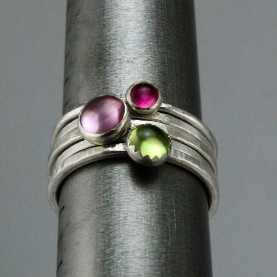Stacking Silver and Gemstone Rings, Set of 5 - Recycled Sterling Silver Rings in Pink and Green -  FREE shipping