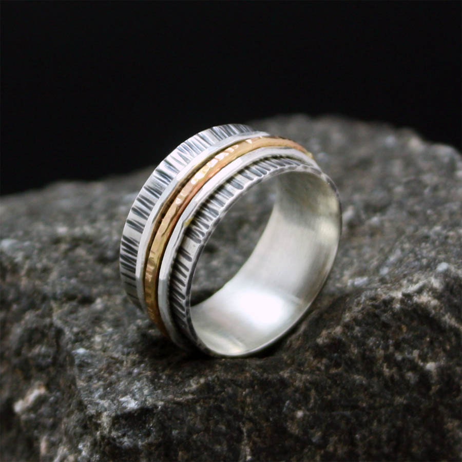 Gold and Silver Spinner Ring - Recycled Sterling and 14k Gold Fill Fidget Ring with Three Bands - FREE shipping