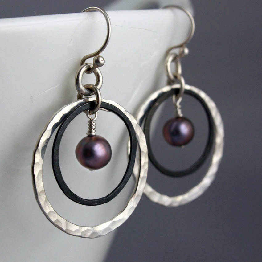 Hammered Silver Pearl Hoop Earrings - FREE shipping