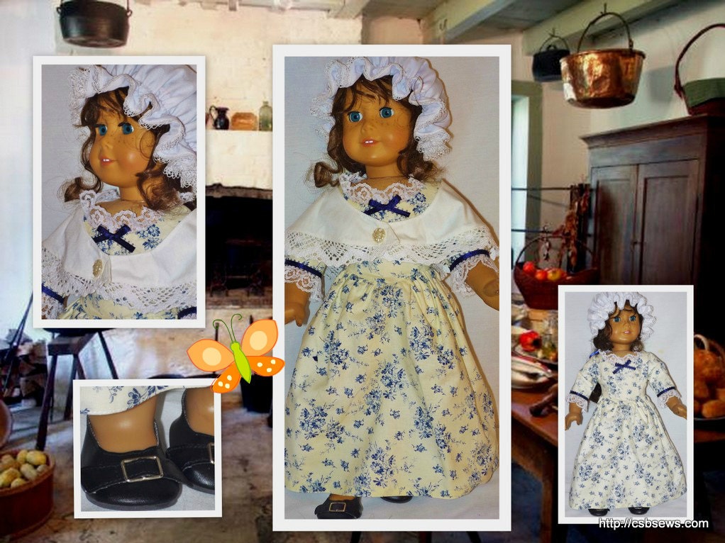 American Girl Felicity Colonial Dress, Mop Cap,Shawl,Shoes