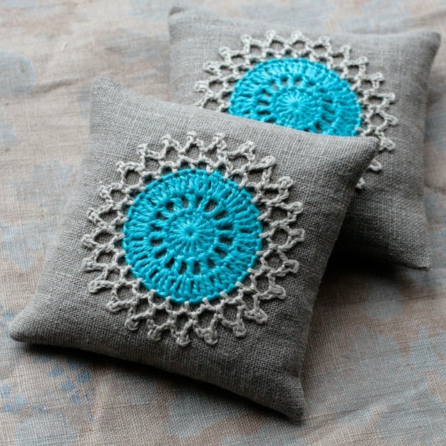 Lavender sachets -- crochet motif -- set of 2 -- darker linen