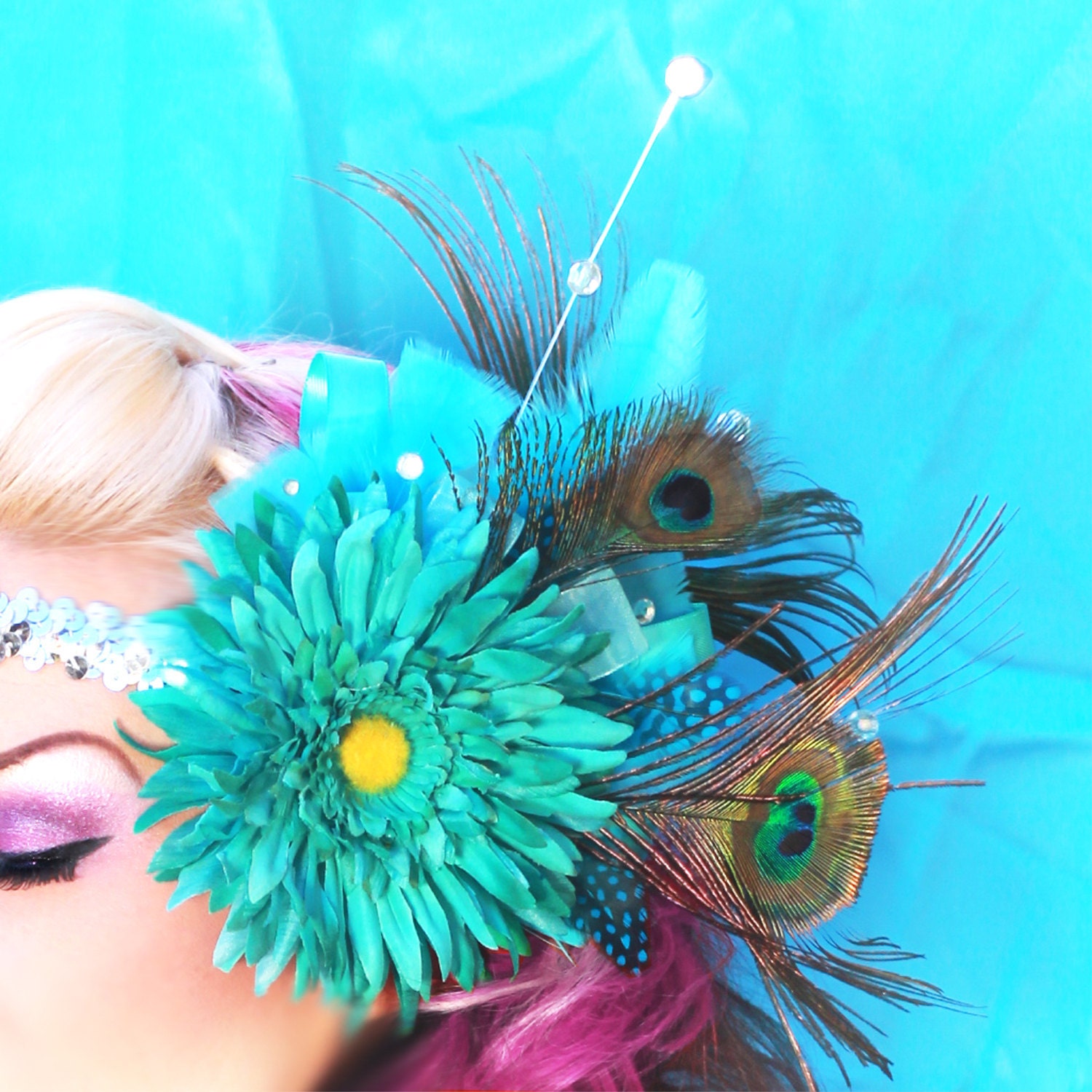 Teal flower peacock feather fascinator, 20's style burlesque, belly dance headdress