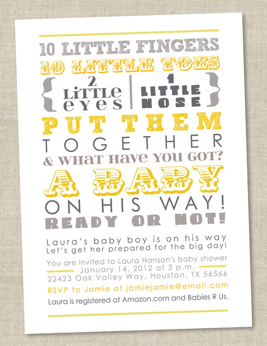 Baby Shower Invitation - words, gender neutral gray yellow (Printable Digital File OR Printed Cards)