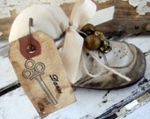 Reserved for Sonya Baby Shoe Pincushion Makedo, Repurposed, upcycled, Vintage, Shabby, Cottage, Primitive, White, Brown, Cssteam, ofg team