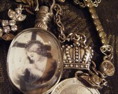 Vintage Religious Necklace crown photo locket sacred heart medal antique rhinestone cross assemblage