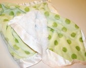 Deluxe Green Orbit Dots and white swirl minky baby or toddler blanket with white satin binding, 30x30 inch