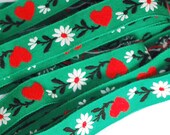 Embroidered Jacquard Trim - Green with Red Hearts and White Daisies - 2 YDS