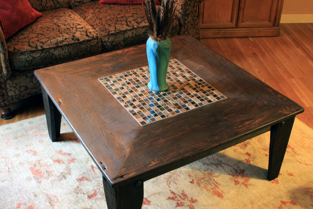 Square Coffee Table, Glass / Stone Tile Mosaic, Reclaimed Wood, Rustic Contemporary, "Reflections", Dark Brown Wax Finish - Handmade