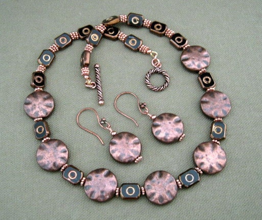 Hammered Copper Glass Bead Necklace Set