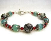 Seafoam Chalcedony, Red Carnelian and Silver Bali Bead Bracelet