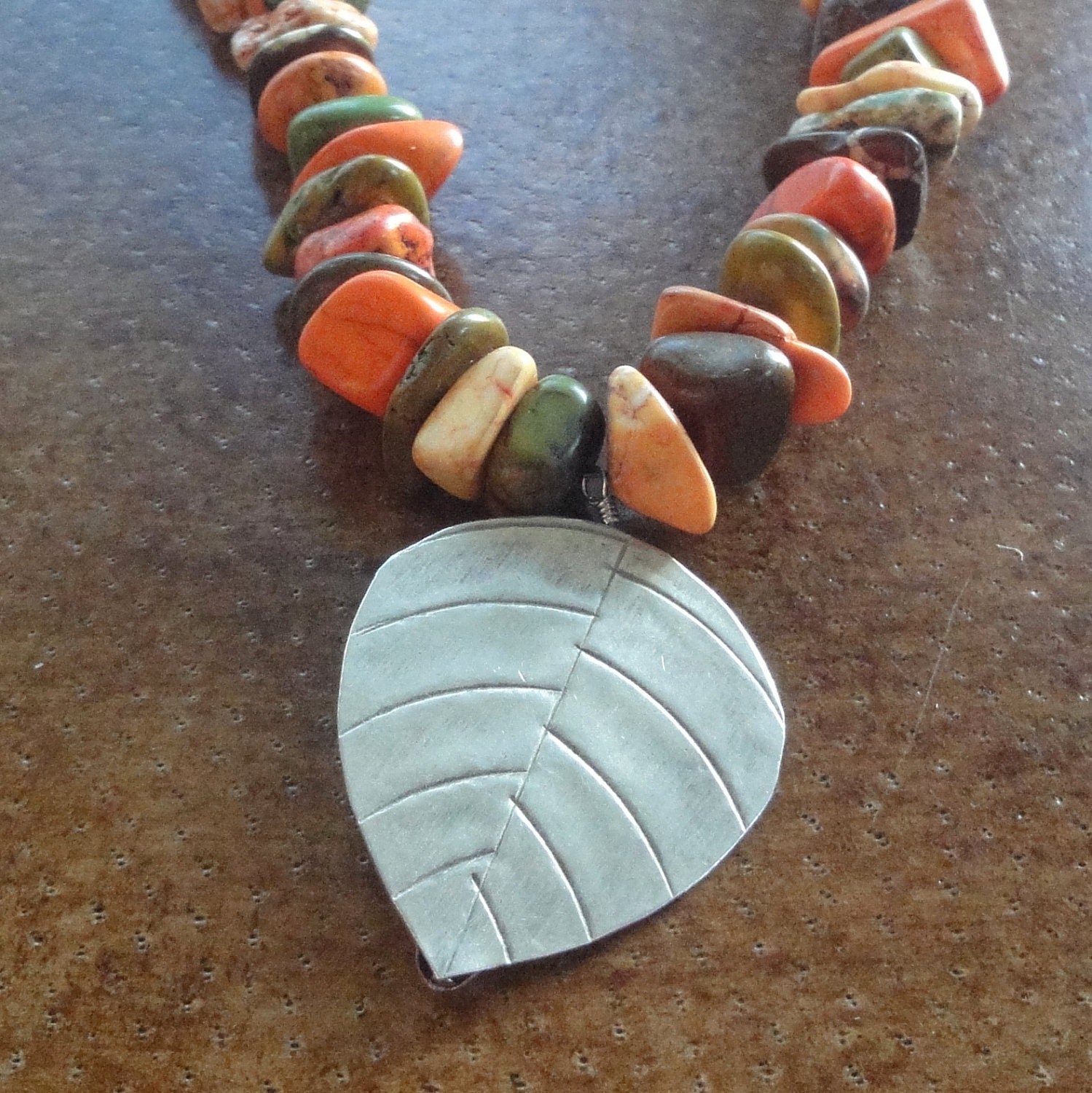 Autumn Colored Turquoise Statement Necklace with Hill Tribe Silver Leaf Pendant - December Birthstone - Ready to Ship