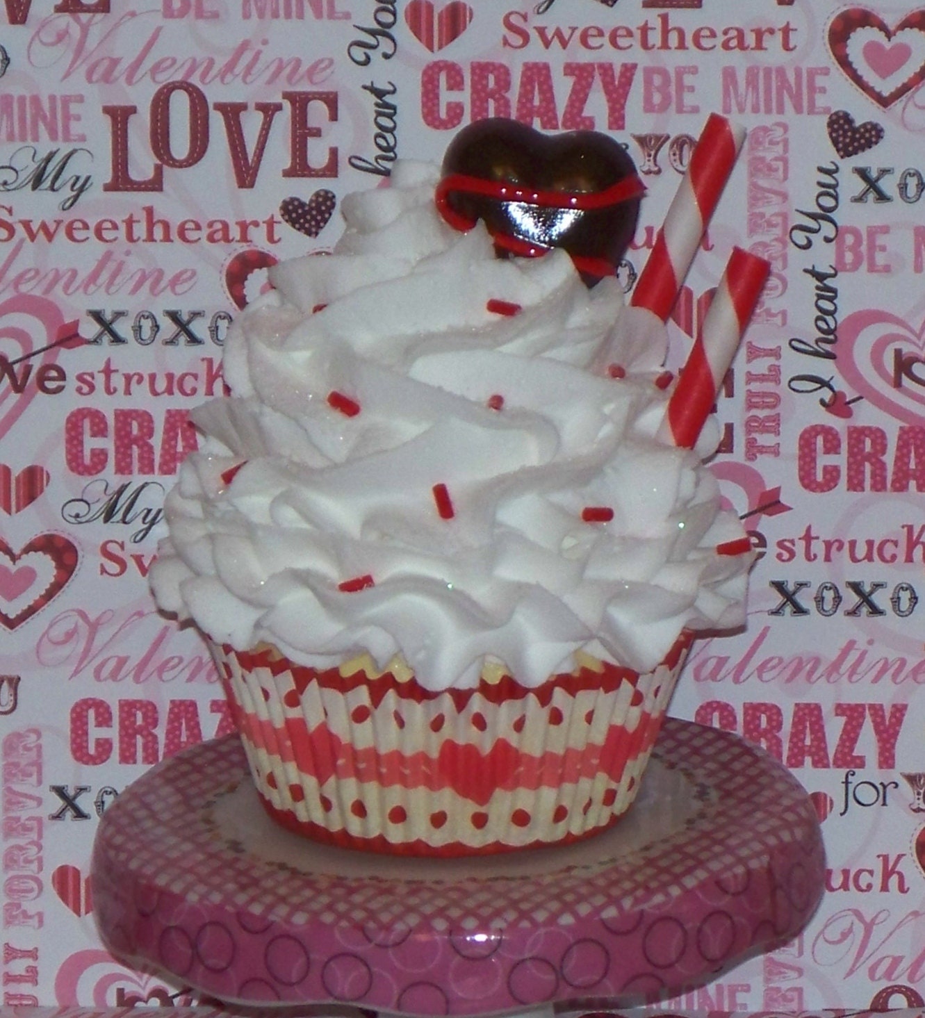 Fake Valentine Cupcake White Whipped Frosting Chocolate Candy Heart Stripe Red Straws perfect Photo Prop, Party Decor