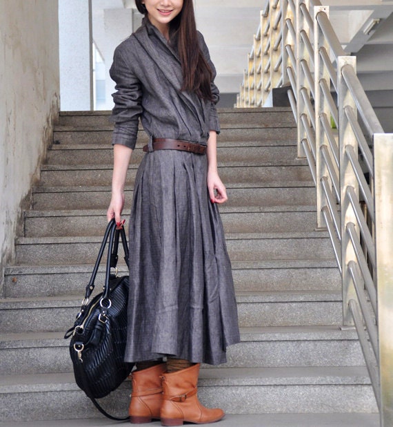 Linen Long Trench Coat Dress in Grey Fringe - Custom Made