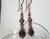 Dangle Earrings Copper Brown Czech Glass & Swarovski Crystal OOAK
