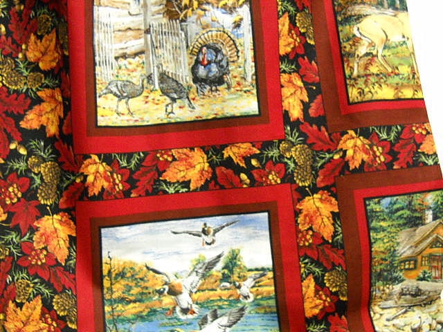 Leaves and Hunting Scenes on Black Fabric