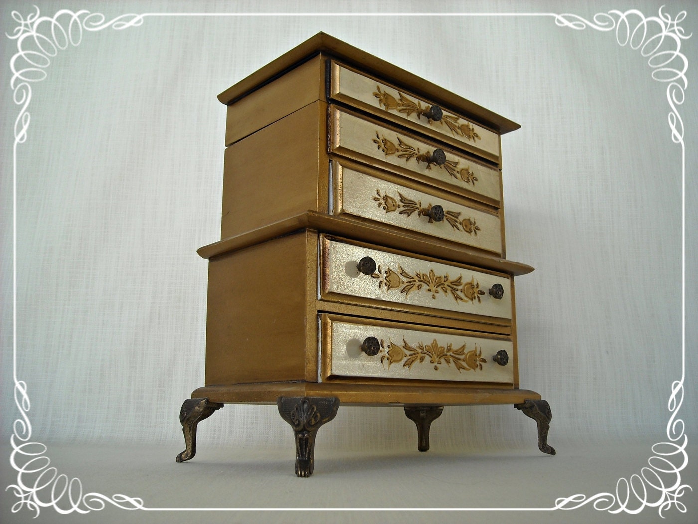 Vintage Jewelry Box French Gilt Wood Chest Dresser 1960s