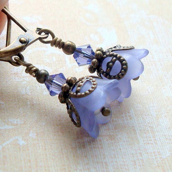 Dainty Purple Vintage Inspired, Neo Victorian Flower Earrings, Antiqued Brass