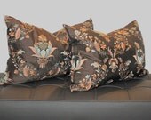Pair of 16 x 24 Chocolate Brown Floral Medallion  Silk Embroidered Pillow Covers
