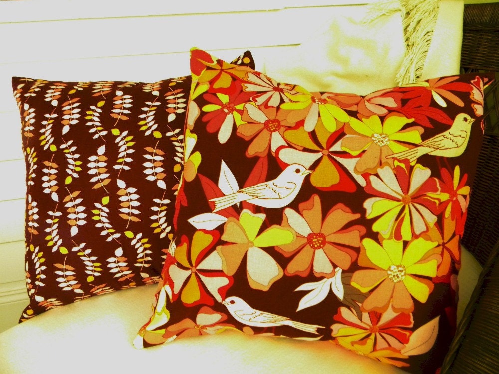 Pair of Coordinating Decorative Throw Pillow Covers-for 18" Square Pillow - Valori Wells - Jenaveve Linen Floral Birds and Leaves