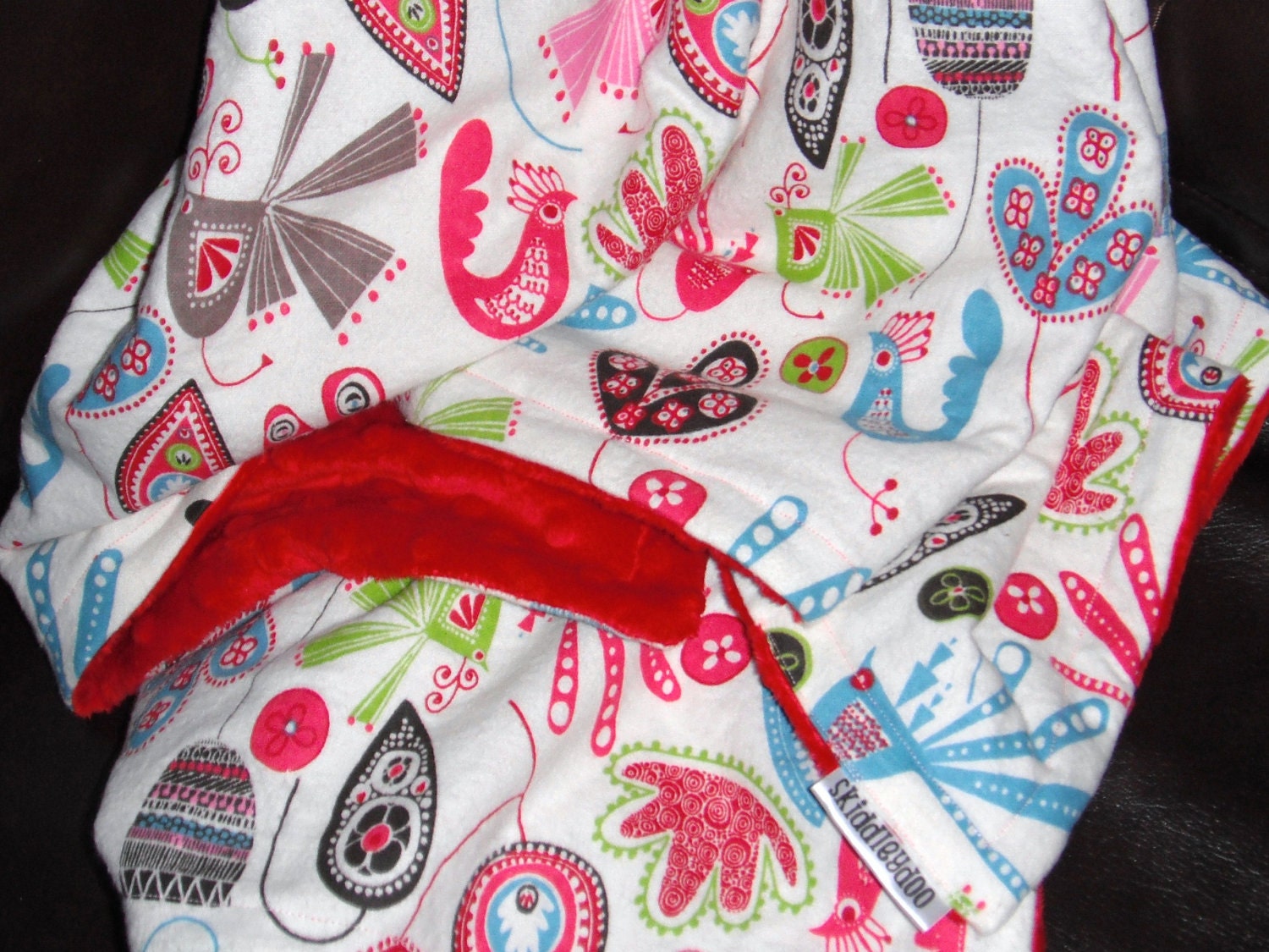 Ready to Ship... Colorful Birds on Cream Flannel with Red Minky Dot Baby Blanket- Small 32"x 35"