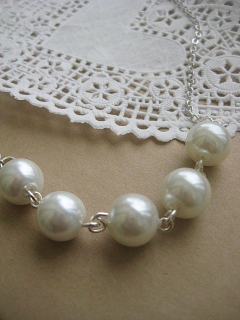 Row of white glass pearls on silver plated chain with matching earrings. Multiple orders available. Perfect for Bridesmaids.