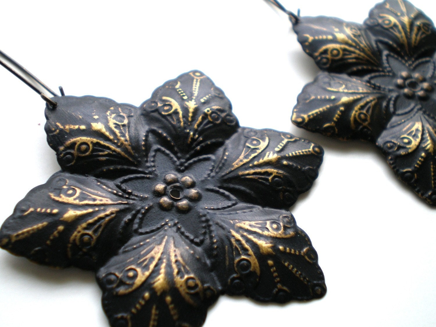 Black Brass Filigree Flower Earrings