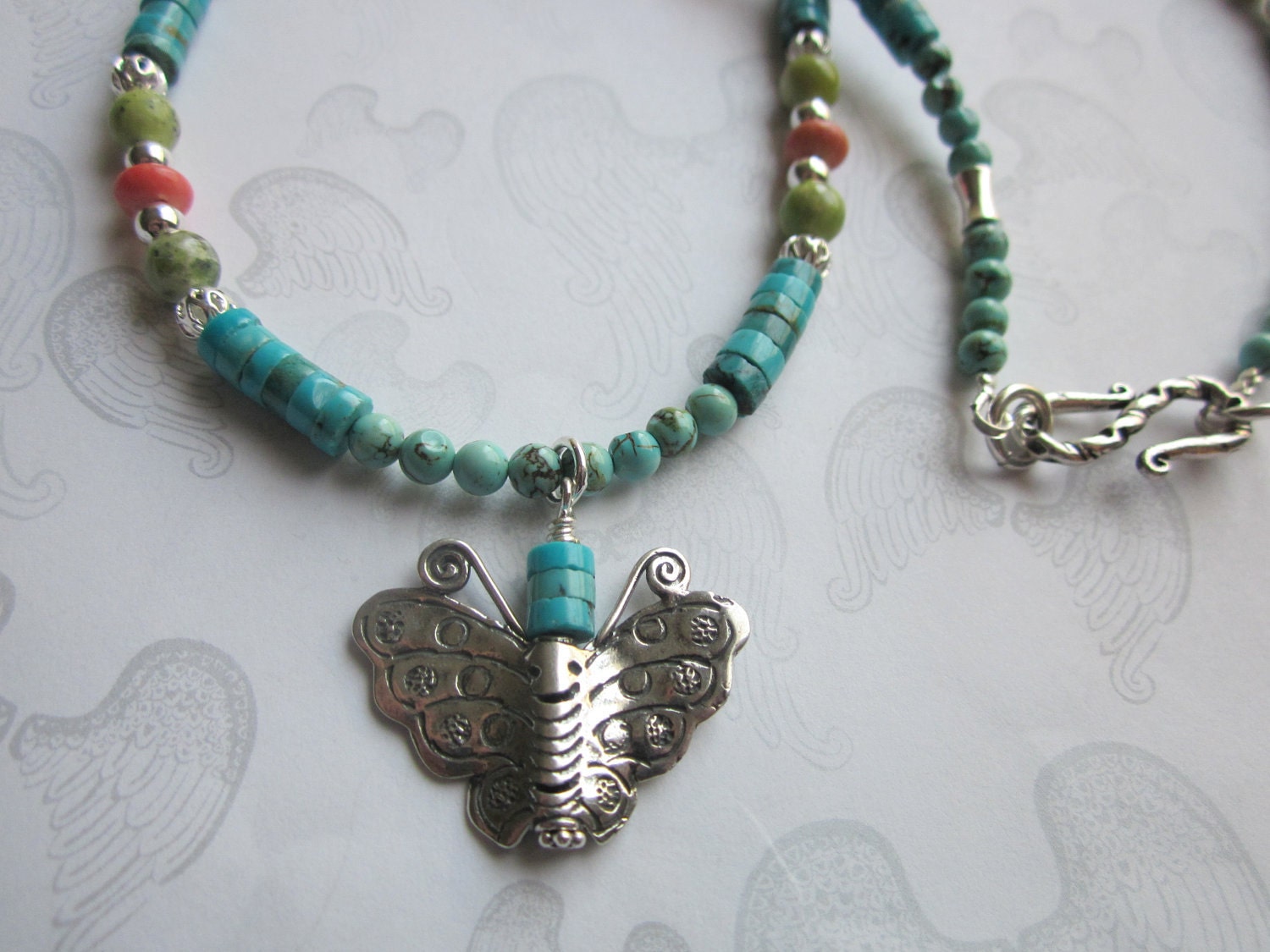 Sterling Butterfly Pendant Necklace, Turquoise Gemstone, Handmade