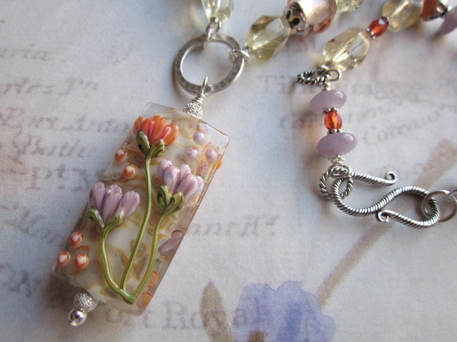 Lampwork Flower Pendant Necklace, Beaded Gemstone